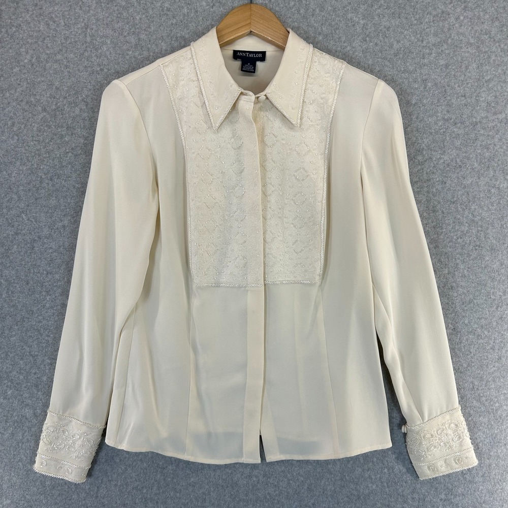 Ann Taylor Silk Blouse Top Long Sleeve Ivory Beaded Vntg Y2K 90s Womens Size 4